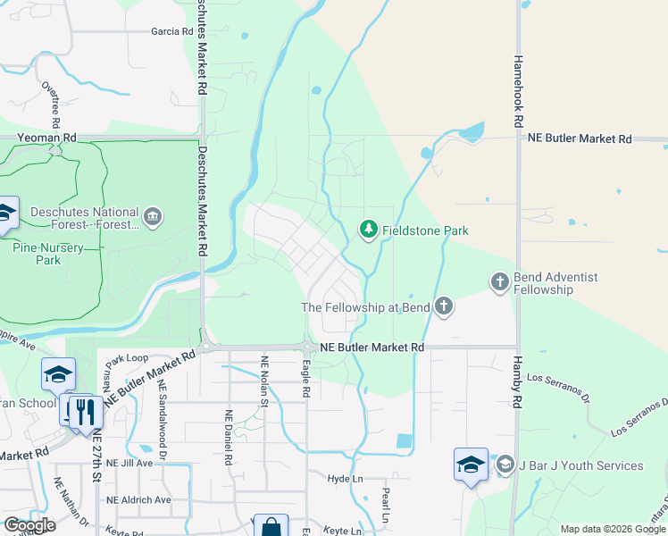 map of restaurants, bars, coffee shops, grocery stores, and more near 63030 Cole Road in Bend