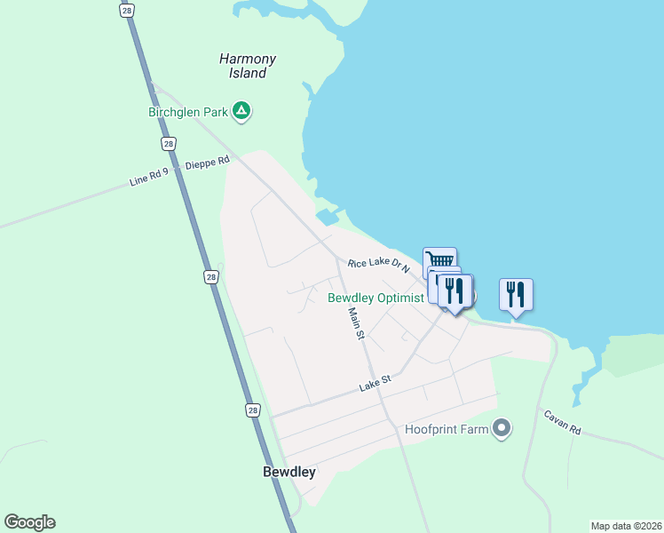 map of restaurants, bars, coffee shops, grocery stores, and more near 7065 Brisbin Road in Bewdley