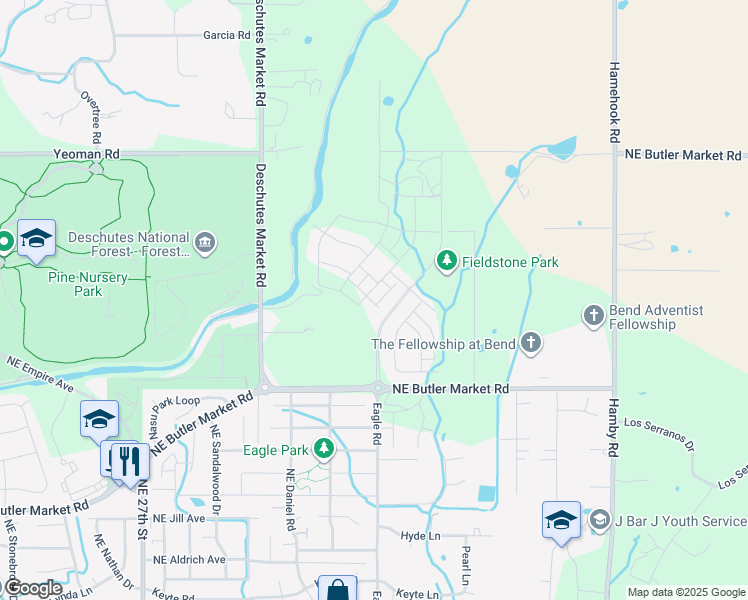 map of restaurants, bars, coffee shops, grocery stores, and more near 63110 Cole Road in Bend
