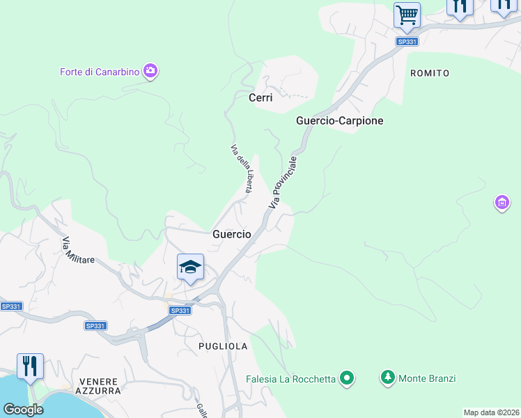 map of restaurants, bars, coffee shops, grocery stores, and more near 23 Via della Libertà in Guercio