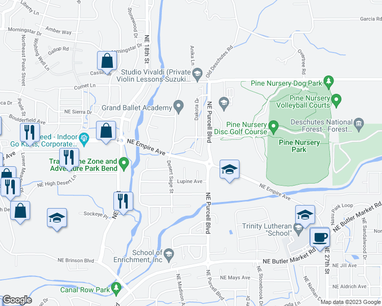 map of restaurants, bars, coffee shops, grocery stores, and more near 20985 Rock Park Drive in Bend