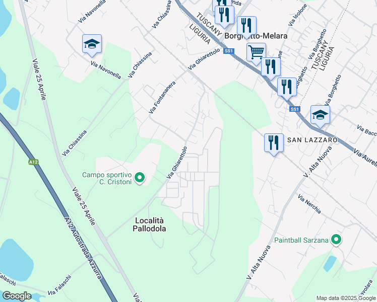 map of restaurants, bars, coffee shops, grocery stores, and more near 106 Via Ghiarettolo in Sarzana