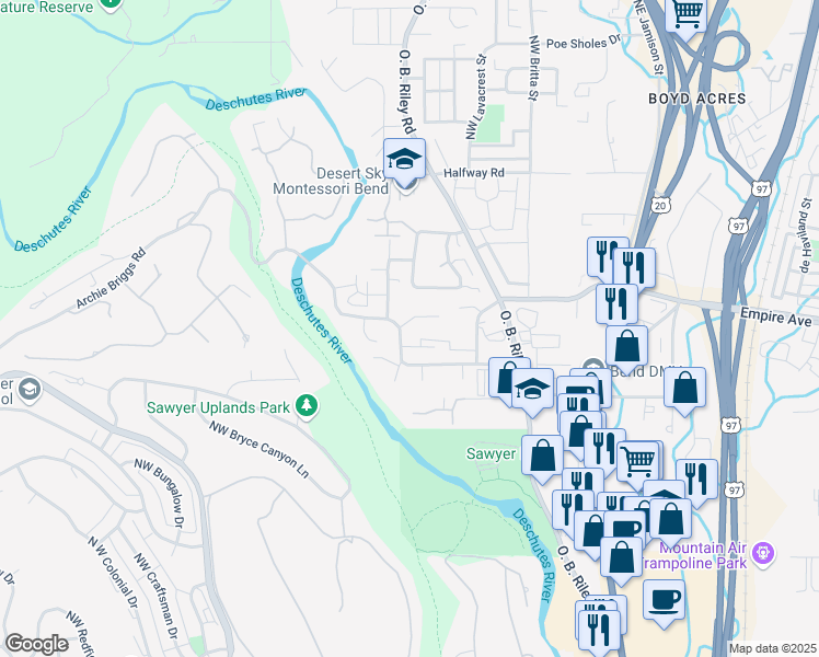 map of restaurants, bars, coffee shops, grocery stores, and more near 20205 Star Ridge Court in Bend
