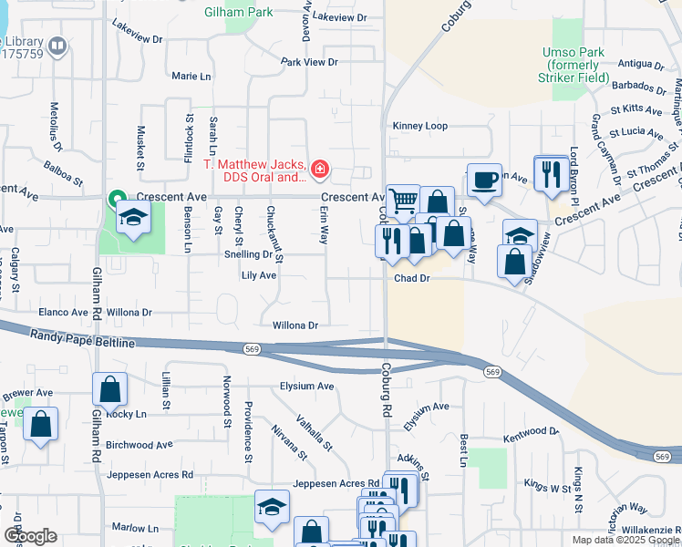 map of restaurants, bars, coffee shops, grocery stores, and more near 2633 Chad Drive in Eugene