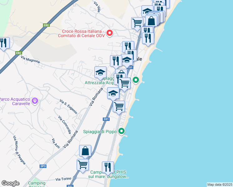 map of restaurants, bars, coffee shops, grocery stores, and more near 300 Strada Statale 1 in Ceriale