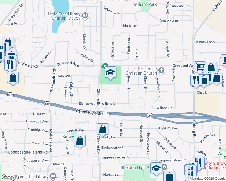 map of restaurants, bars, coffee shops, grocery stores, and more near 2555 Gilham Road in Eugene