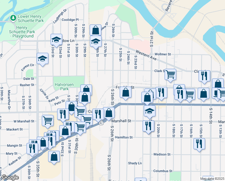 map of restaurants, bars, coffee shops, grocery stores, and more near 938 South 26th Street in Manitowoc
