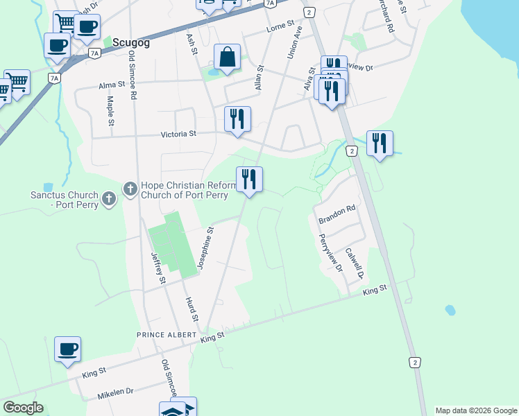 map of restaurants, bars, coffee shops, grocery stores, and more near 34 North Garden Boulevard in Scugog