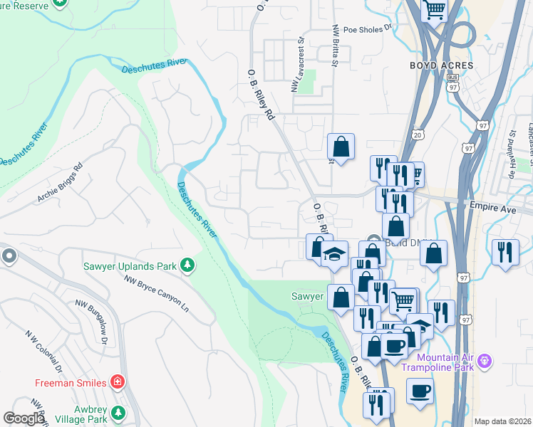 map of restaurants, bars, coffee shops, grocery stores, and more near 20226 Star Ridge Court in Bend