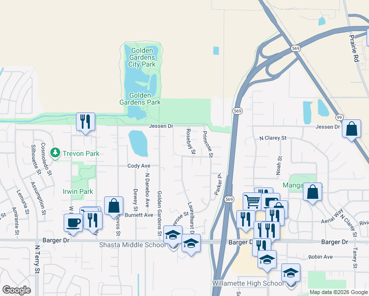 map of restaurants, bars, coffee shops, grocery stores, and more near 2548 Rosebay Street in Eugene