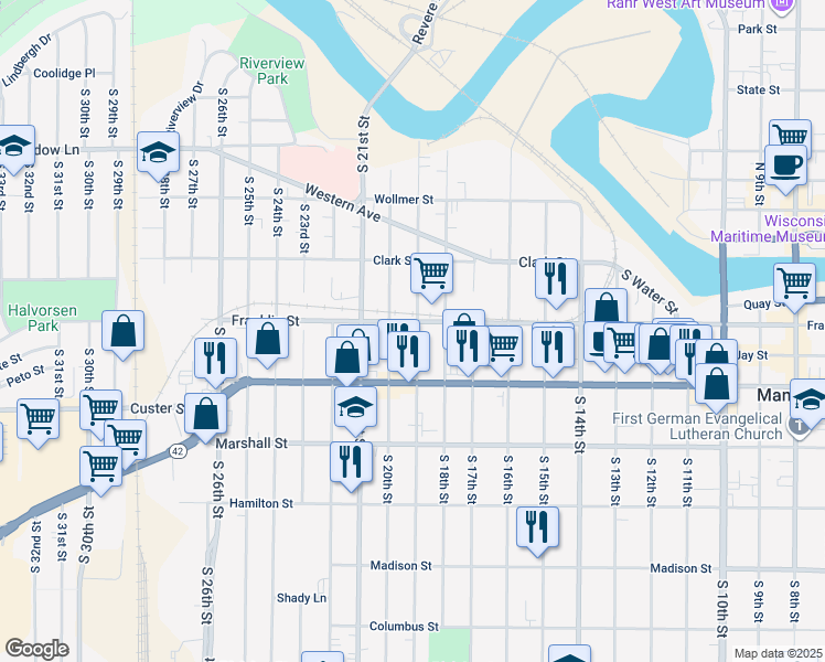map of restaurants, bars, coffee shops, grocery stores, and more near 839 South 19th Street in Manitowoc