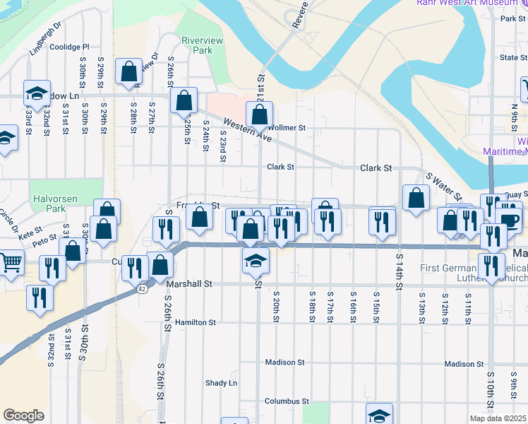 map of restaurants, bars, coffee shops, grocery stores, and more near in Manitowoc
