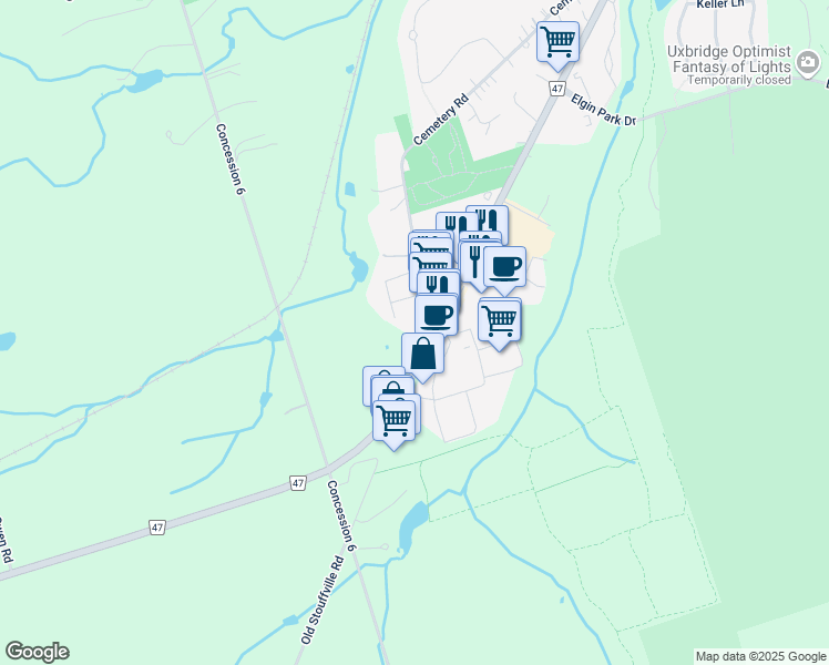 map of restaurants, bars, coffee shops, grocery stores, and more near 164 Cemetery Road in Uxbridge