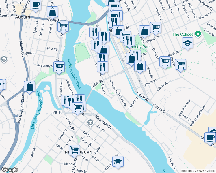 map of restaurants, bars, coffee shops, grocery stores, and more near 130 Oxford Street in Lewiston