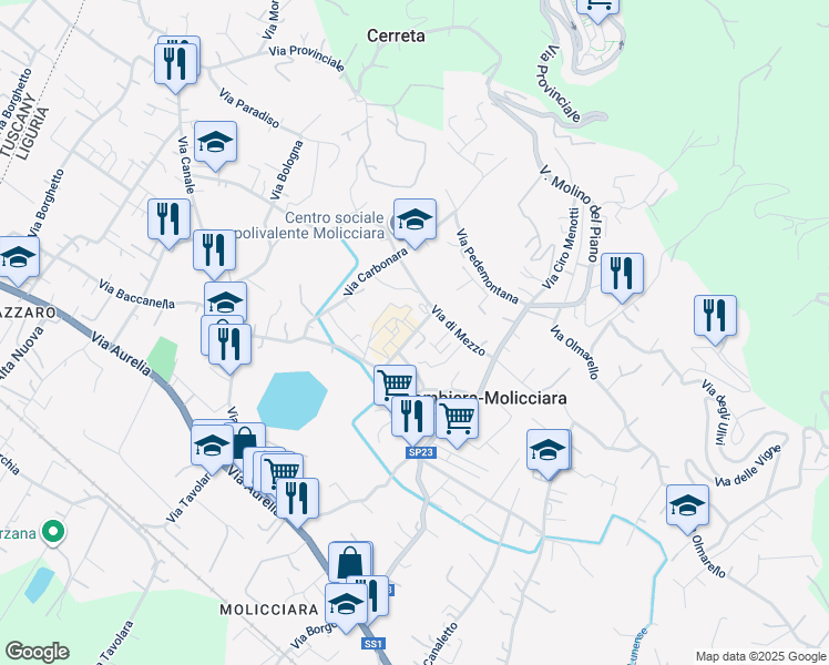 map of restaurants, bars, coffee shops, grocery stores, and more near Via della Pace seconda traversa in Colombiera-molicciara