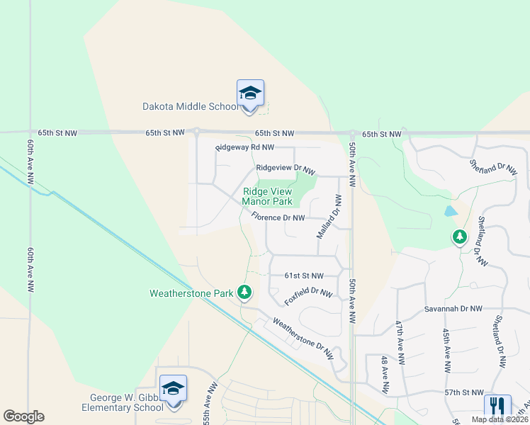 map of restaurants, bars, coffee shops, grocery stores, and more near 5337 Florence Drive Northwest in Rochester
