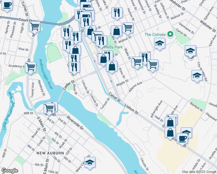 map of restaurants, bars, coffee shops, grocery stores, and more near 434 Lisbon Street in Lewiston