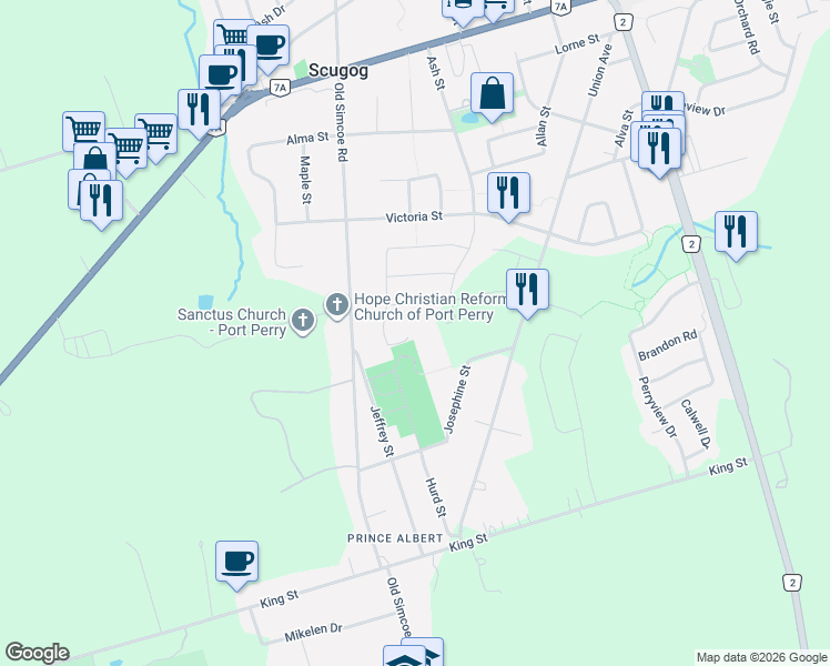 map of restaurants, bars, coffee shops, grocery stores, and more near 168 Steinway Drive in Scugog