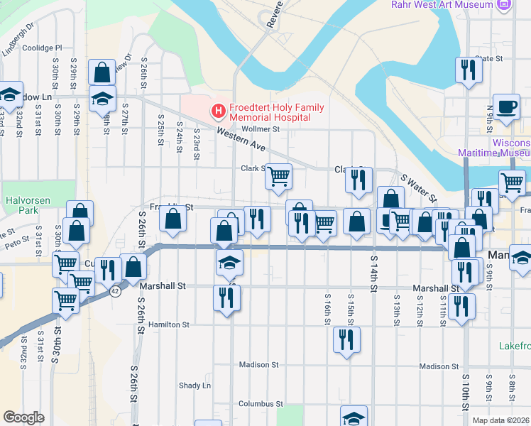 map of restaurants, bars, coffee shops, grocery stores, and more near 839 South 19th Street in Manitowoc