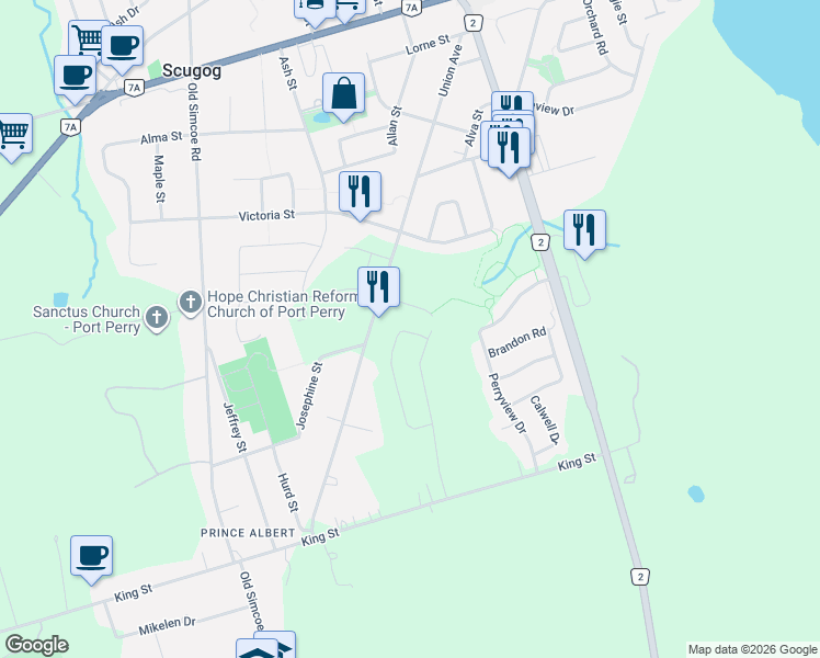 map of restaurants, bars, coffee shops, grocery stores, and more near 14 North Garden Boulevard in Scugog