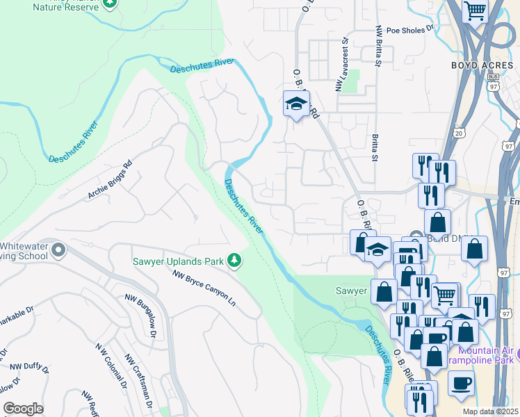 map of restaurants, bars, coffee shops, grocery stores, and more near 63095 Casey Place in Bend