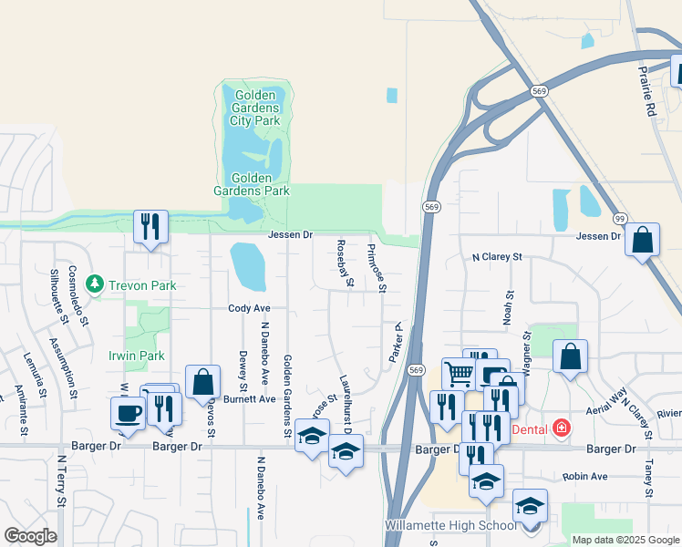 map of restaurants, bars, coffee shops, grocery stores, and more near 2548 Rosebay Street in Eugene