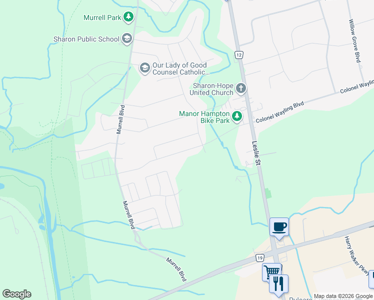 map of restaurants, bars, coffee shops, grocery stores, and more near Manor Hampton Street in East Gwillimbury