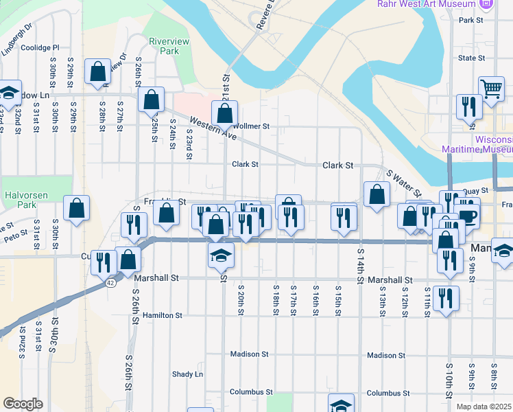 map of restaurants, bars, coffee shops, grocery stores, and more near 839 South 19th Street in Manitowoc