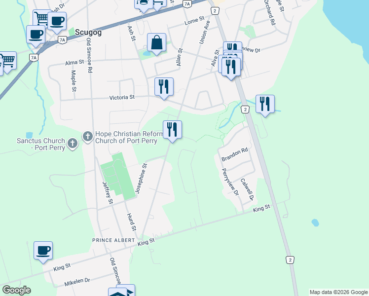 map of restaurants, bars, coffee shops, grocery stores, and more near 18 North Garden Boulevard in Scugog