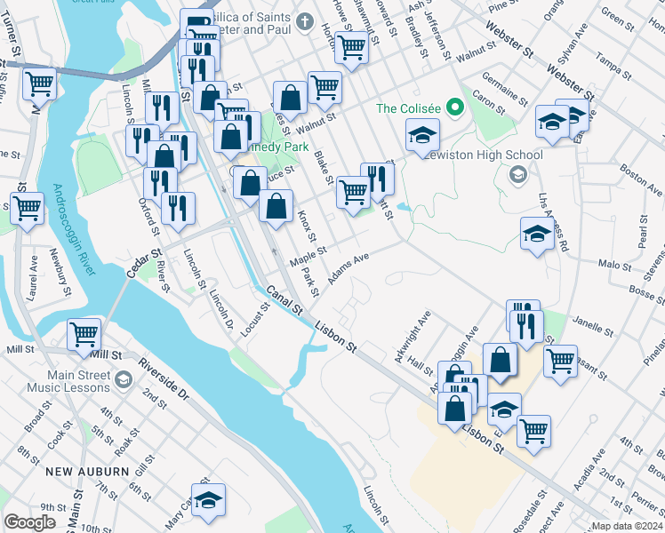 map of restaurants, bars, coffee shops, grocery stores, and more near 336 Bates Street in Lewiston