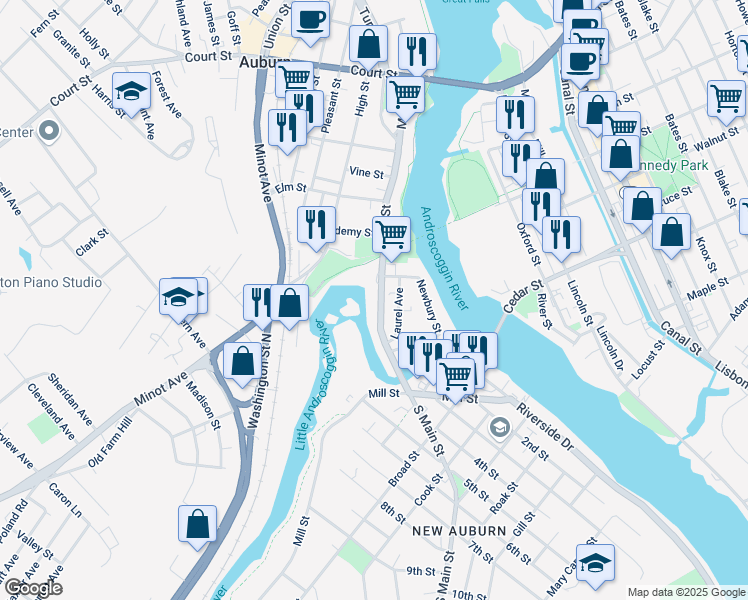 map of restaurants, bars, coffee shops, grocery stores, and more near 303 South Main Street in Auburn