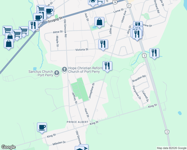 map of restaurants, bars, coffee shops, grocery stores, and more near 211 Ash Street in Port Perry