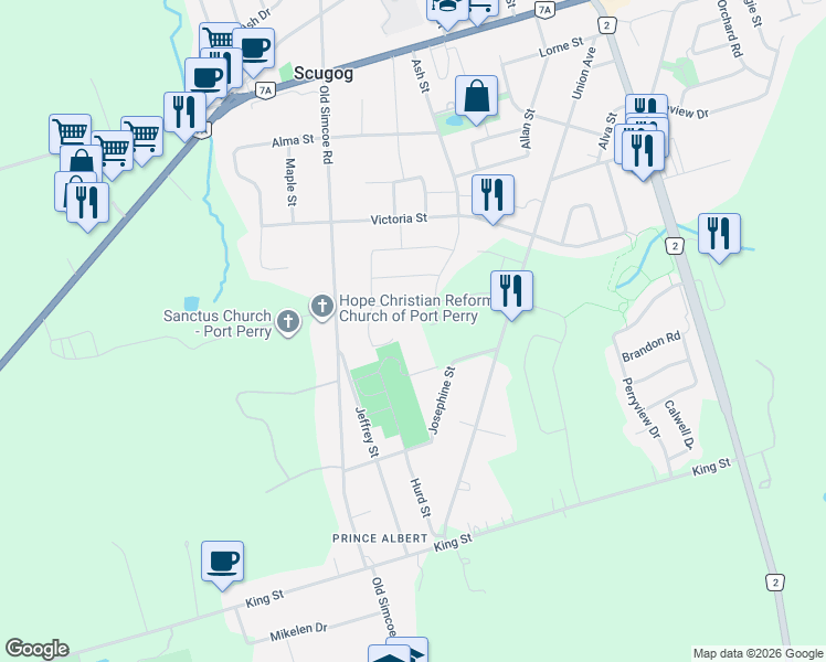map of restaurants, bars, coffee shops, grocery stores, and more near 180 Steinway Drive in Scugog