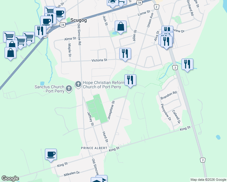 map of restaurants, bars, coffee shops, grocery stores, and more near 211 Ash Street in Port Perry