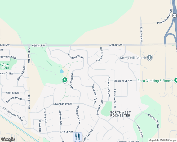 map of restaurants, bars, coffee shops, grocery stores, and more near 6400 Fairway Drive Northwest in Rochester