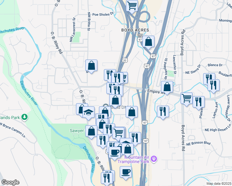 map of restaurants, bars, coffee shops, grocery stores, and more near 20425 Empire Avenue in Bend