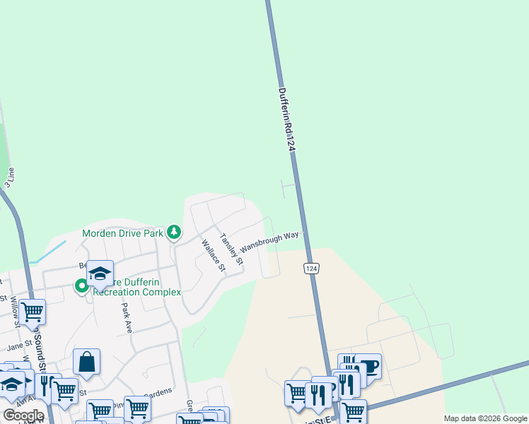 map of restaurants, bars, coffee shops, grocery stores, and more near O'Reilly Crescent in Shelburne