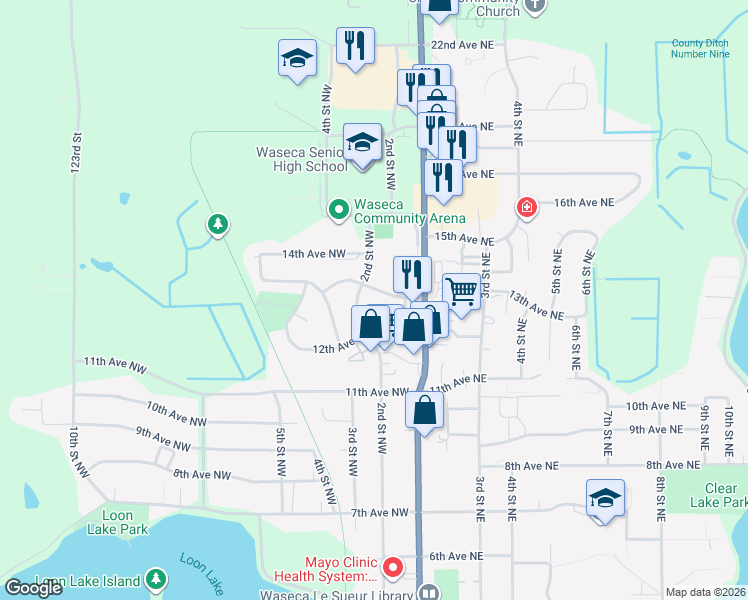 map of restaurants, bars, coffee shops, grocery stores, and more near 116 13th Avenue Northwest in Waseca