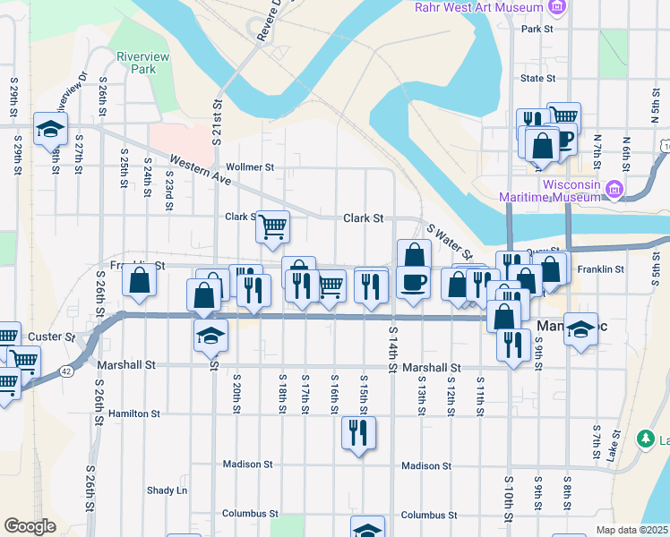 map of restaurants, bars, coffee shops, grocery stores, and more near 900 South 16th Street in Manitowoc