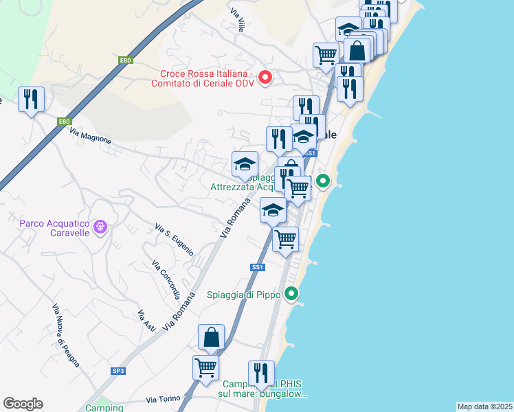 map of restaurants, bars, coffee shops, grocery stores, and more near 300 Via Aurelia in Ceriale