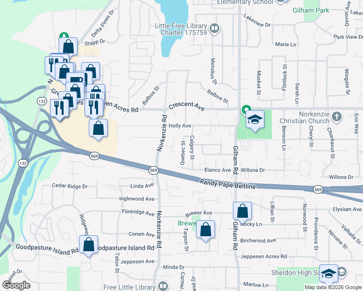 map of restaurants, bars, coffee shops, grocery stores, and more near 2630 Calgary Street in Eugene