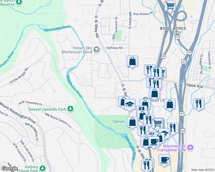map of restaurants, bars, coffee shops, grocery stores, and more near 20226 Star Ridge Court in Bend