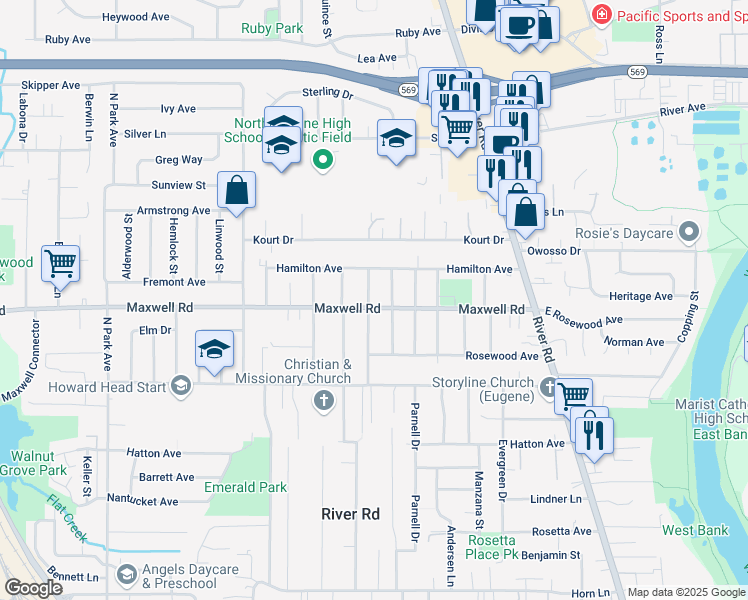 map of restaurants, bars, coffee shops, grocery stores, and more near 1746 Ridgefield Street in Eugene