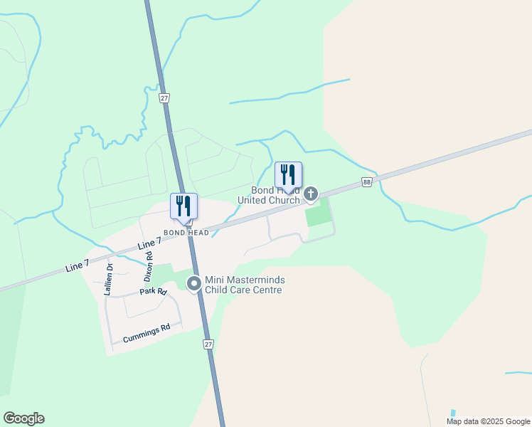 map of restaurants, bars, coffee shops, grocery stores, and more near 4237 Simcoe County Road 88 in Bond Head
