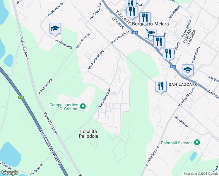 map of restaurants, bars, coffee shops, grocery stores, and more near 106 Via Ghiarettolo in Sarzana