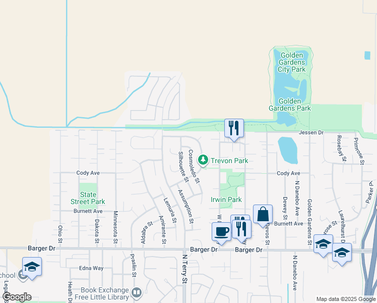 map of restaurants, bars, coffee shops, grocery stores, and more near 2192 Cosmoledo Street in Eugene
