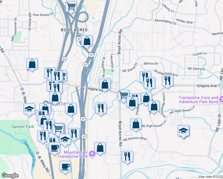 map of restaurants, bars, coffee shops, grocery stores, and more near 20539 Gloucester Lane in Bend