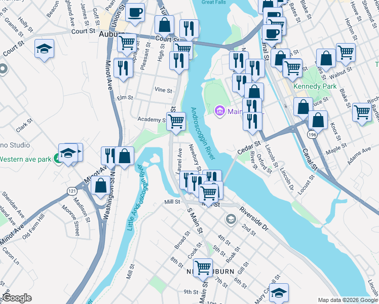 map of restaurants, bars, coffee shops, grocery stores, and more near 42 Newbury Street in Auburn