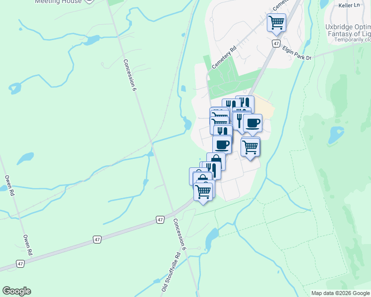 map of restaurants, bars, coffee shops, grocery stores, and more near 164 Cemetery Road in Uxbridge