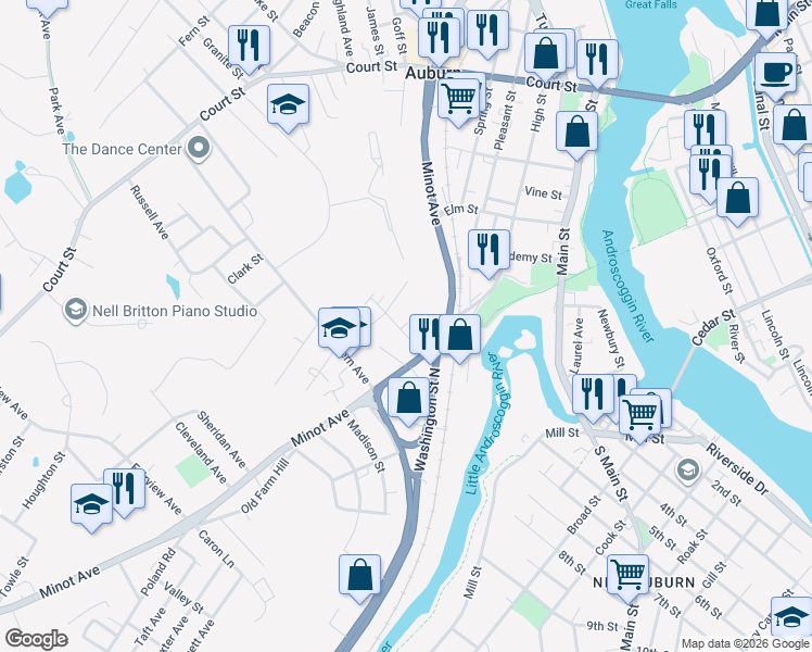 map of restaurants, bars, coffee shops, grocery stores, and more near 15 Cushman Pl in Auburn